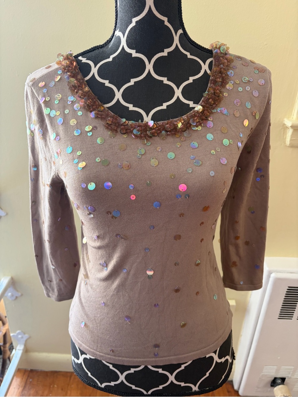 Y2K Fairycore Women's Taupe Sequin Scoop Neck 3/4 sleeve Top